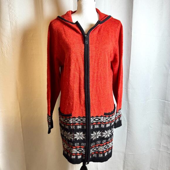 Icewear Long Wool Angora Zip Hooded Cardigan Sz L Sweater Orange Black Iceland - Picture 1 of 12
